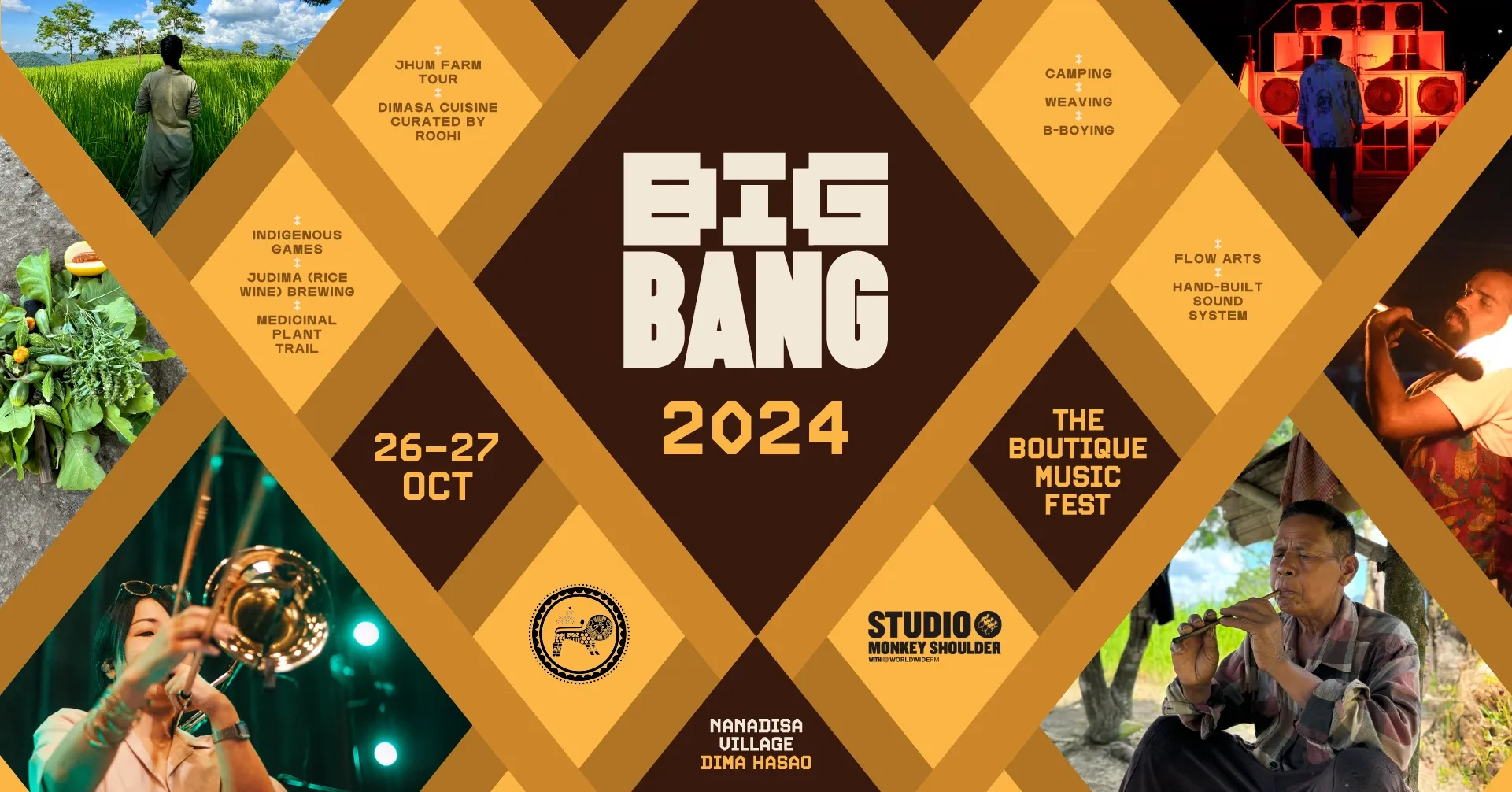 Big Bang 2024 festival poster detail — the full programme of workshops, music and sponsors around the Nanadisa village site